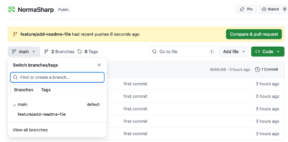 Ветки в GitHub после фиксации изменений